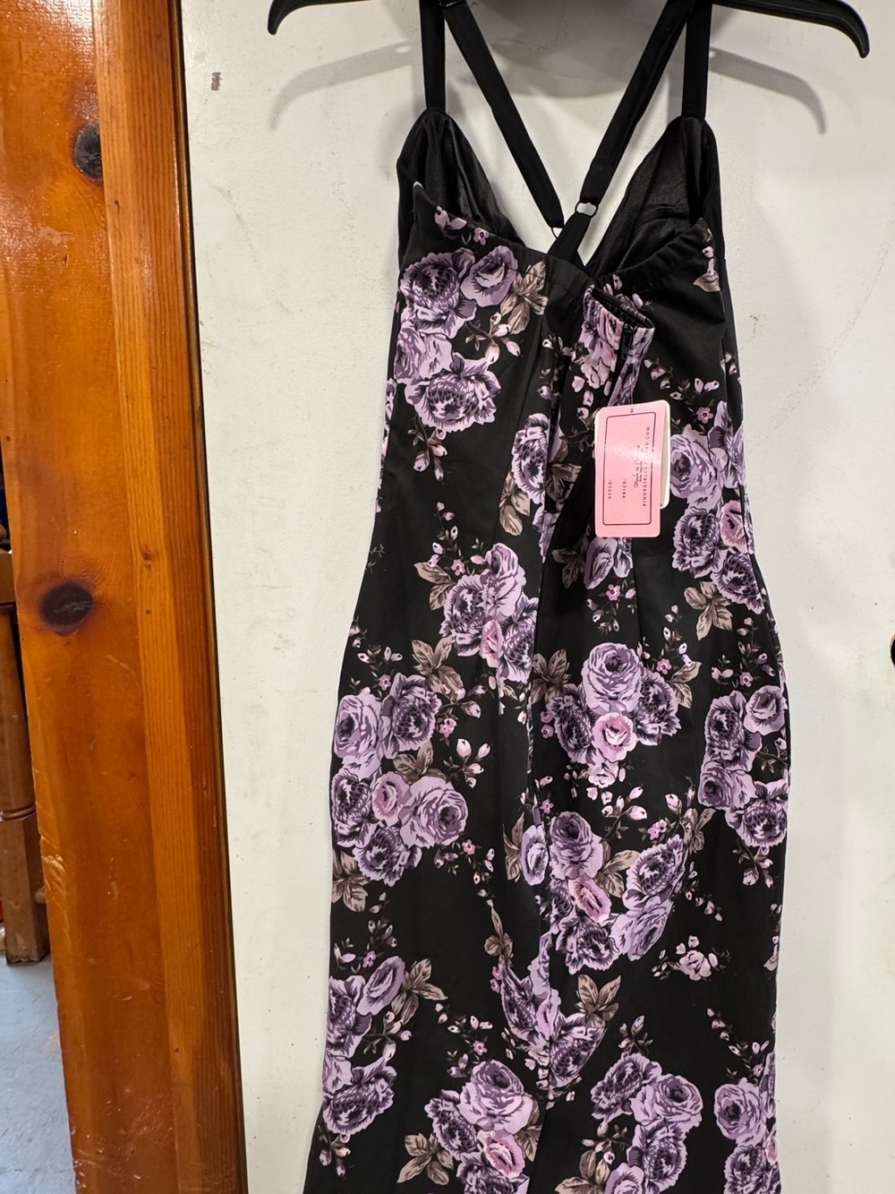 Rare boutique collectible Pinup Couture Floral Slip Dress Black w Lavender Roses - Picture 2 of 4